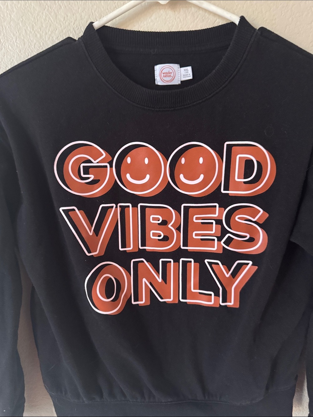 wonder nation Black Sweatshirt with Rust Graphic "Good Vibes Only"